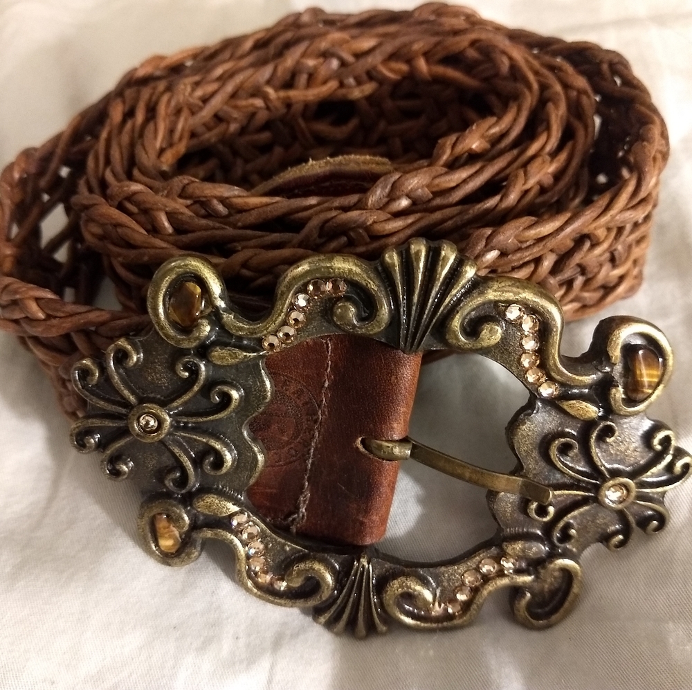 Brown braided leather belt with gemstone buckle